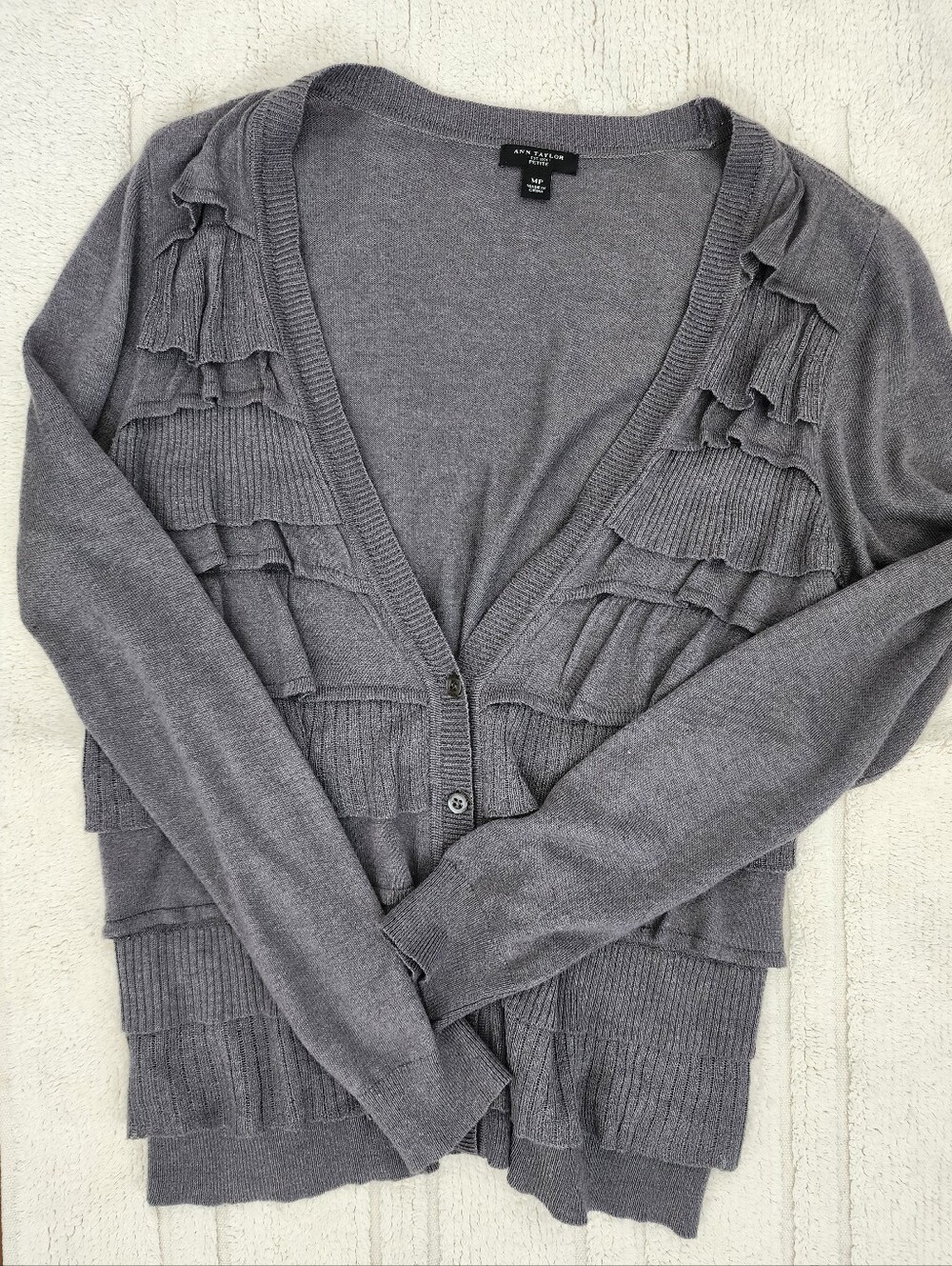 Ann Taylor Viscose Ruffled Charcoal Gray Thin Cardigan Medium Petites